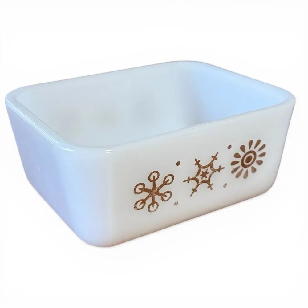 Vintage 50’s Glasbake Refrigerator White Milk Glass Dish Metallic Gold Starburst